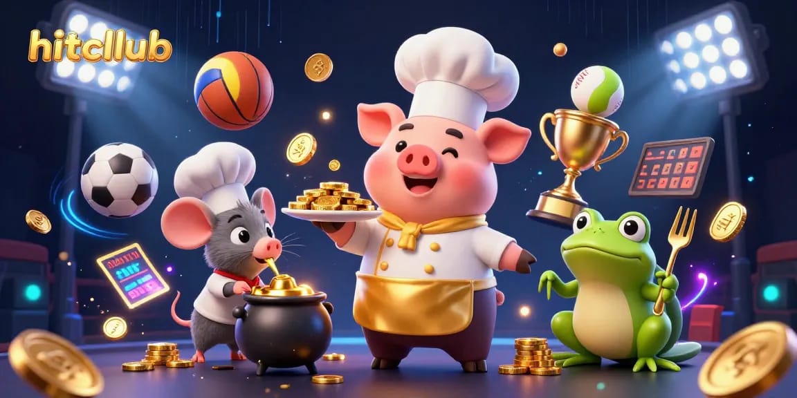 hitcllub showcases a vibrant casino scene with a chef pig serving gold coins, enhancing your gambling experience.