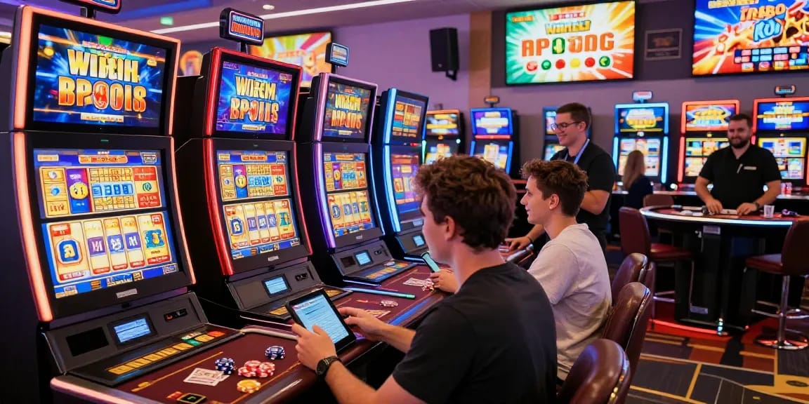 Pengalaman bermain slot yang menarik dan seru di KANGTOTO dengan pemain menikmati mesin slot yang berwarna-warni.