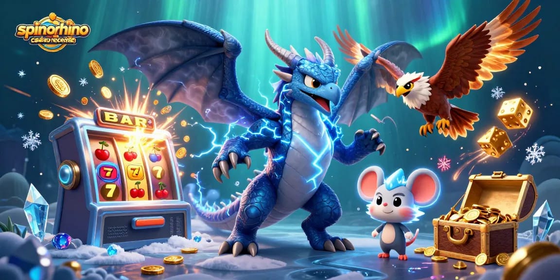 Spinorhino casino recensie toont een spannende scène met een draak, winsten en gokkasten.