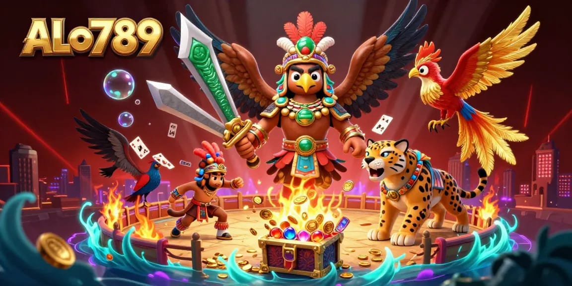 Experience the exhilarating world of ALo789 cockfighting with an Aztec warrior eagle amidst vibrant elements.