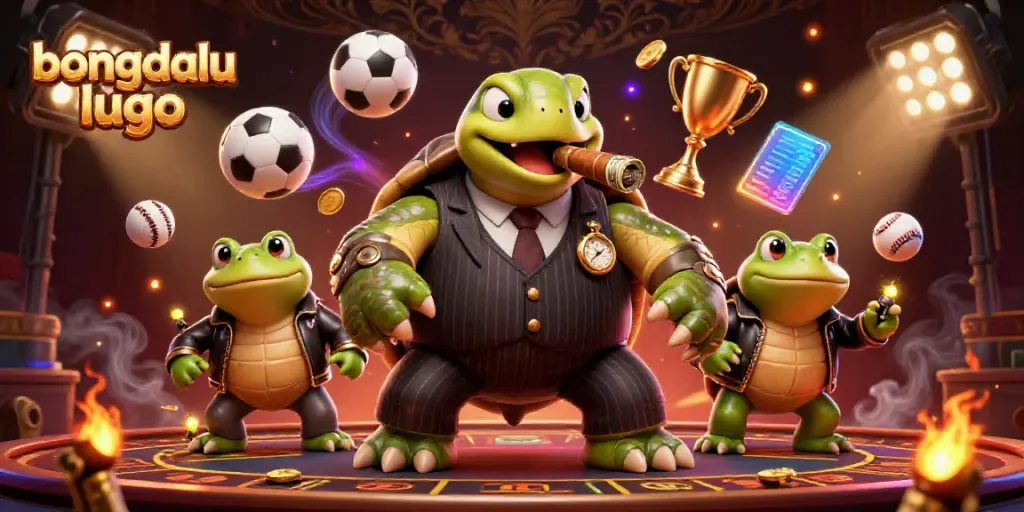 Bongdalu lugo showcases a vibrant illustration of a mobster turtle and bullfrogs surrounded by sports elements.