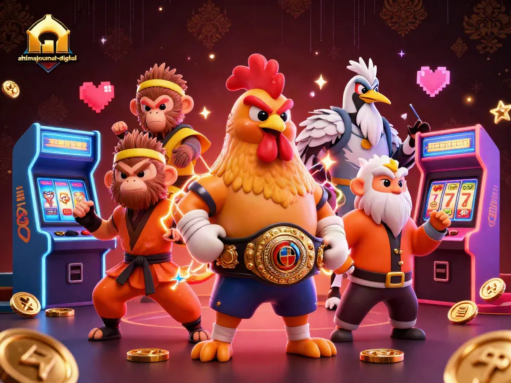 Join the excitement at ahimajournal-digital with a vibrant casino scene featuring a Muay Thai rooster and gaming elements.