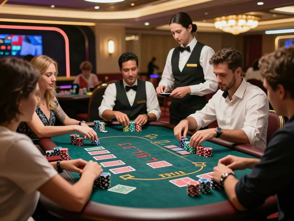 Exciting baccarat game at man88 casino with players and dealer
