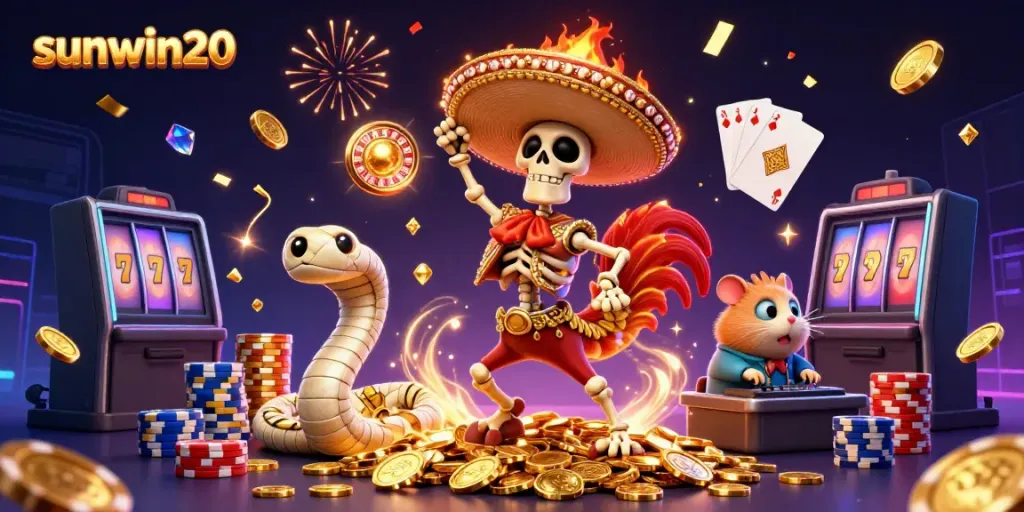 Engage with sunwin20, the vibrant online casino featuring a festive mariachi rooster, golden coins, and lively game elements.