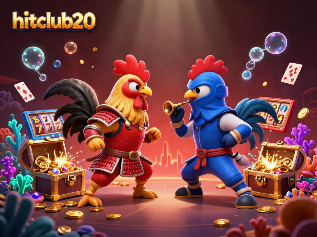 Experience thrilling gameplay with hitclub20 as a dramatic rooster duel unfolds amidst vibrant casino elements.