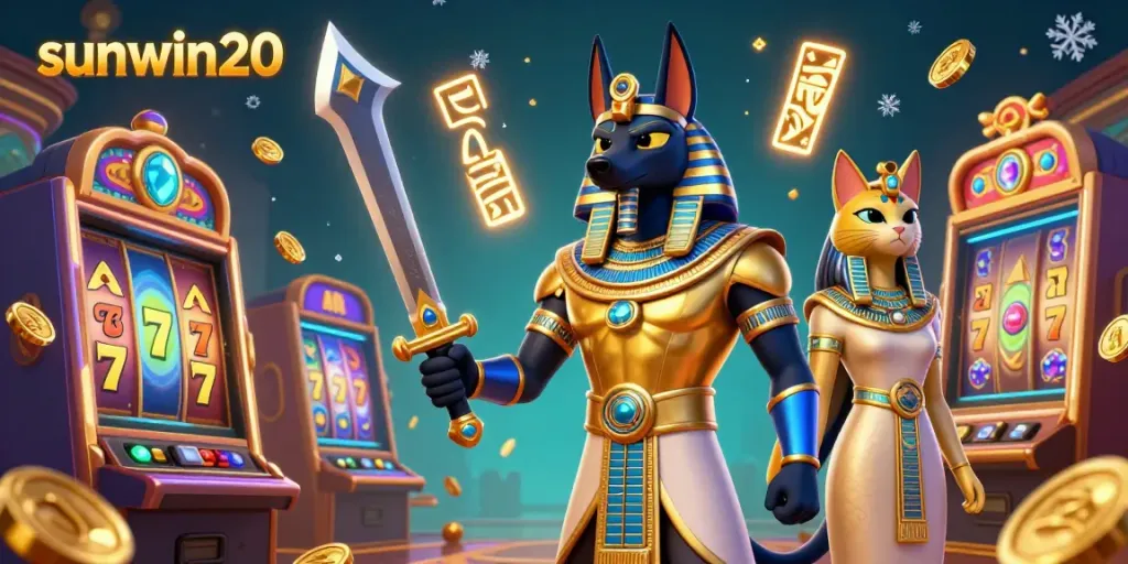 Experience exciting gameplay and winning chances with sunwin20, featuring Anubis and slot machines in a vibrant casino.