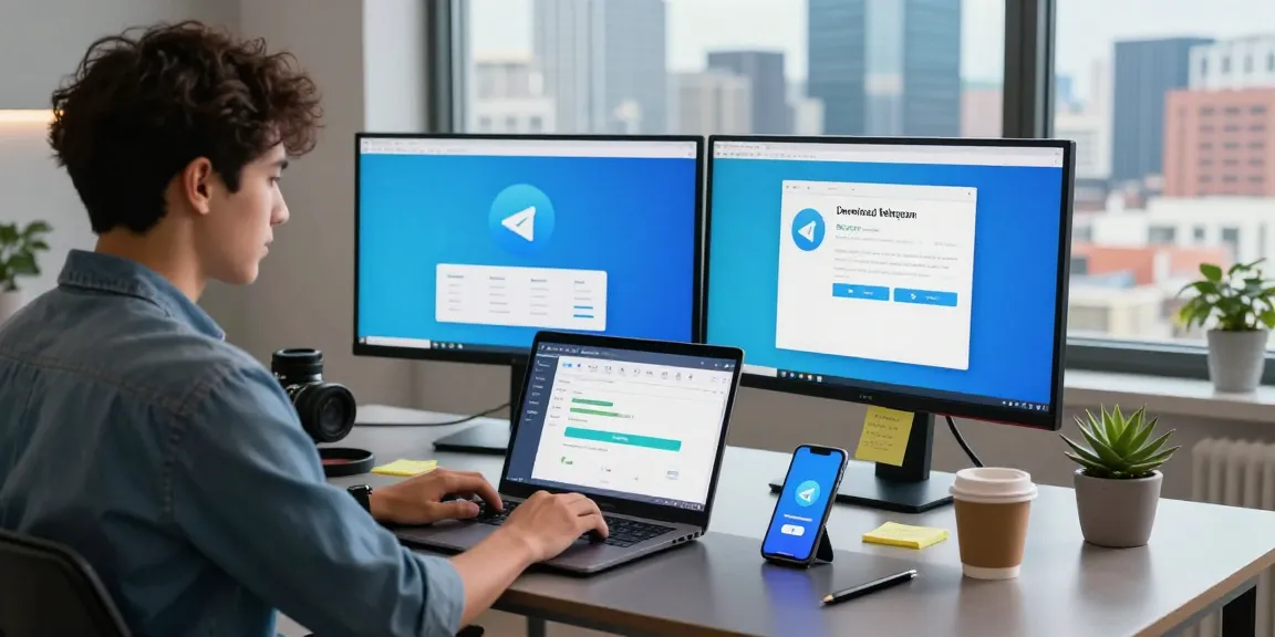 Download Telegram on a laptop in a modern workspace with dual monitors and a city view.