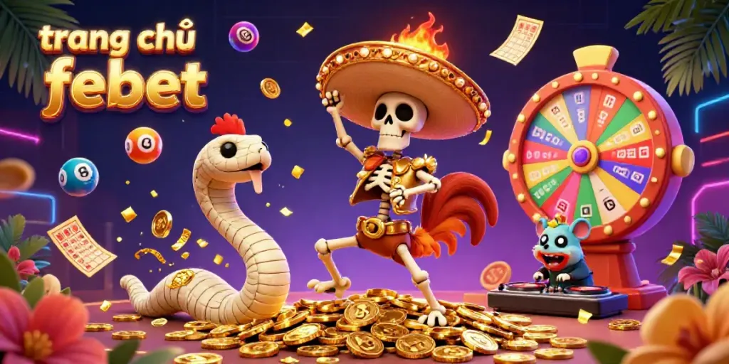 Engage with the dynamic scene at trang chủ febet, featuring a dancing skeleton mariachi rooster celebrating amidst golden coins and lottery elements.
