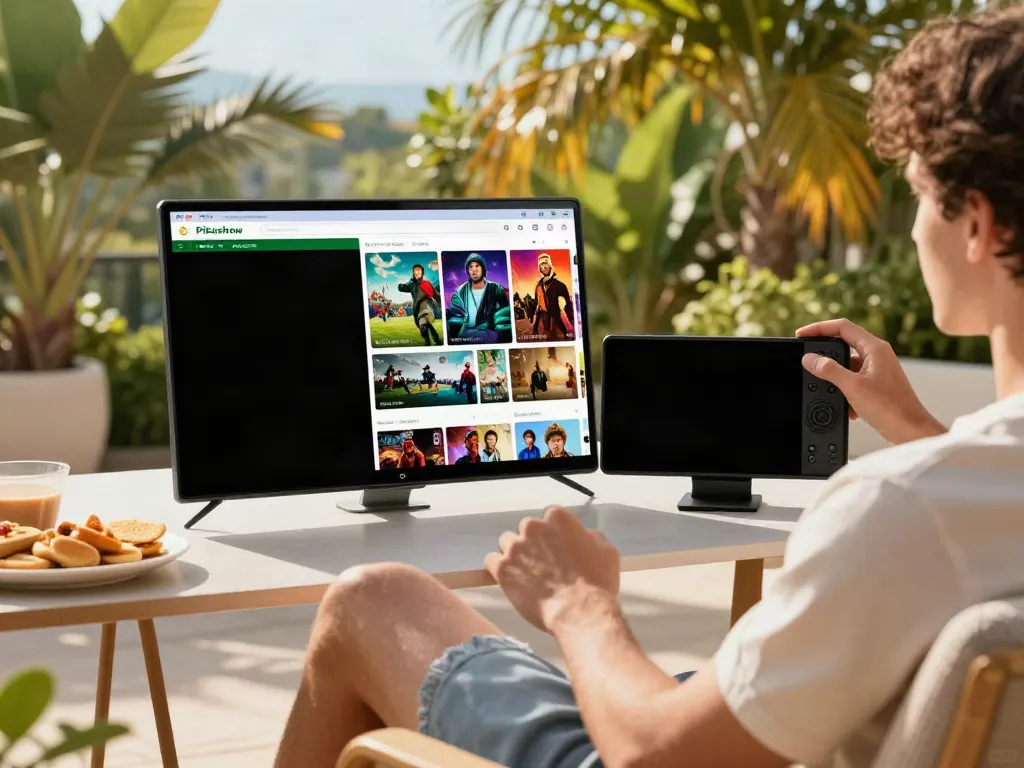 Pikashow for iOS streaming on a smartphone outdoors, showcasing vibrant content and relaxed lifestyle.