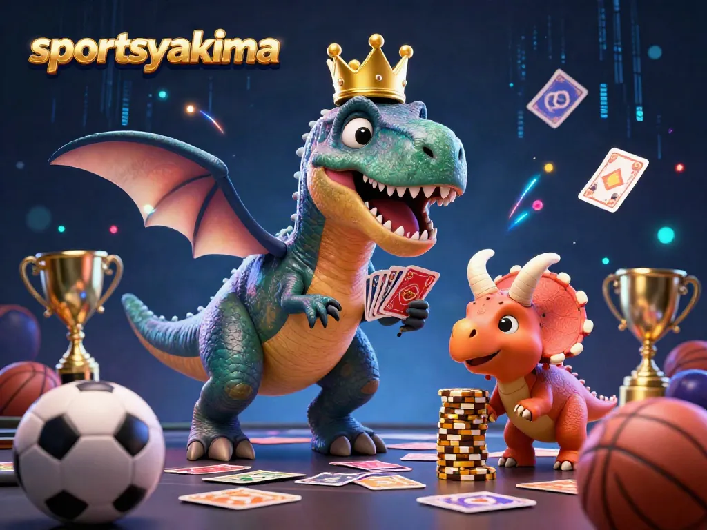Sportsyakima promotes sports betting fun with a T-Rex and pterodactyl in a colorful, dynamic illustration.