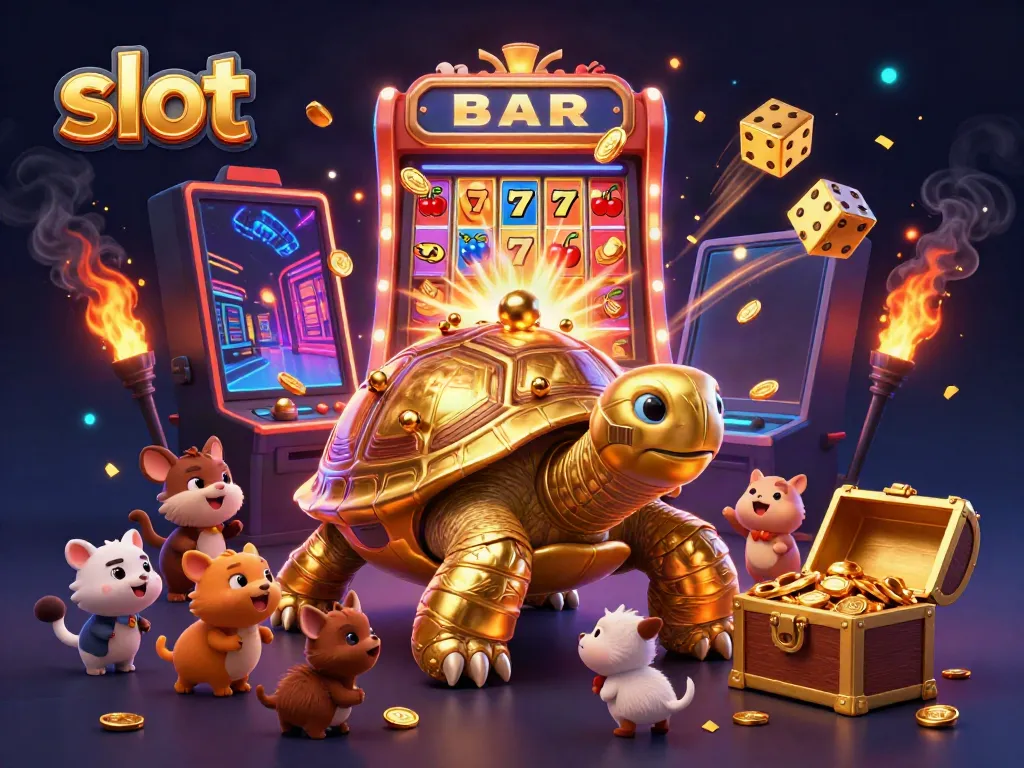 Experience excitement with slot jackpots at RUPIAHSLOT88, featuring a dynamic golden tortoise and abundant coins.