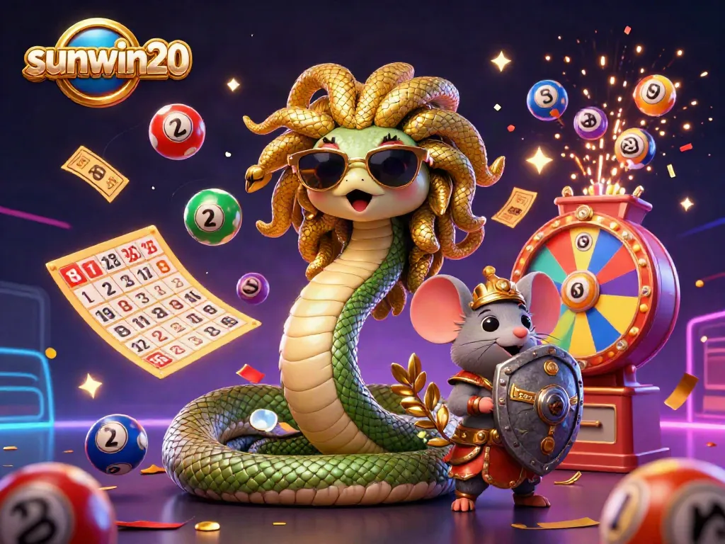 Engage in exciting gameplay with sunwin20, showcasing vibrant illustrations of lottery elements and casino themes.