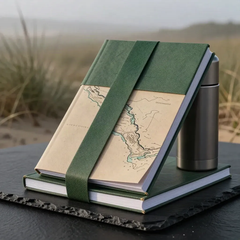 Drie reisgidsen met kaart en thermos in mistig, donker decor