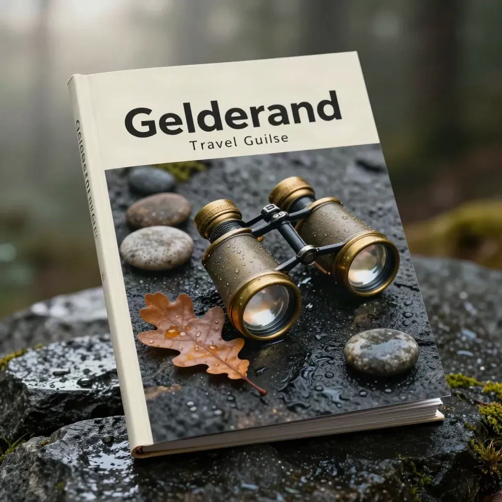 Gelderland-gids op nat basalt met eikenblad, verrekijker en rivierkei