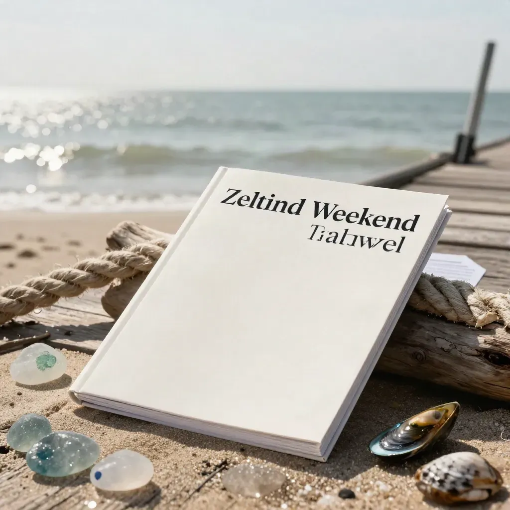Zeeland-gids met schelp, zeeglas, touw en drijfhout in zachte zeemist.