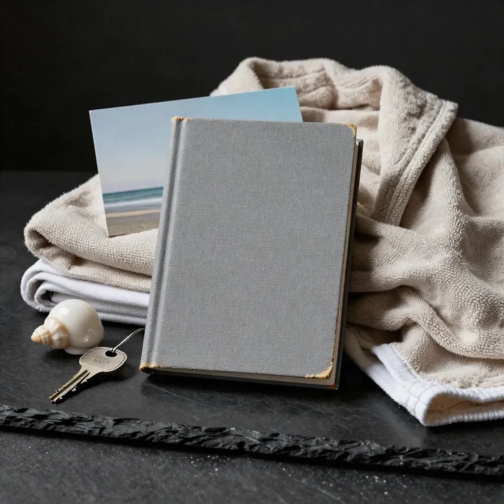 Noord-Hollandse boutique-gids met badjas, sleutel, schelp en handdoek op donkere steen