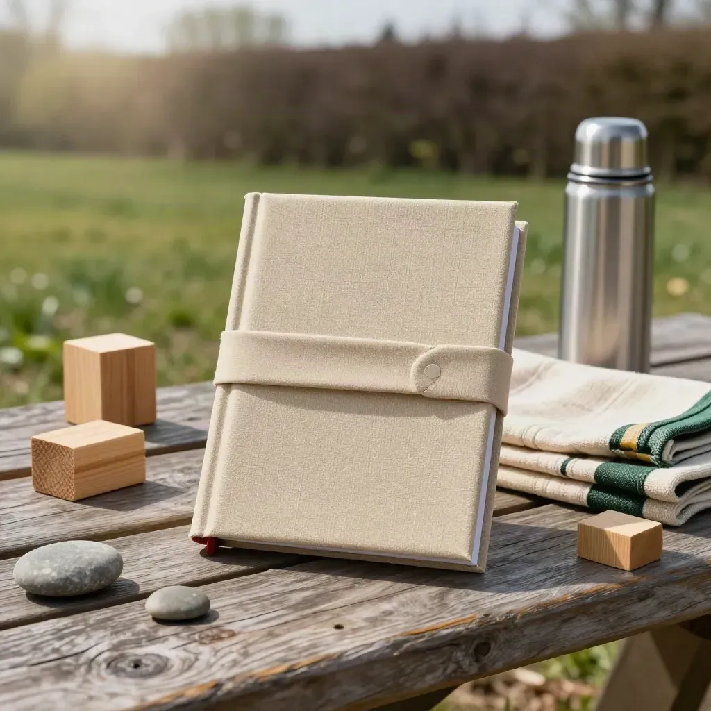 Zandkleurige familiegids op een picknickbank met thermos, blokken, doek en veldsteentjes.