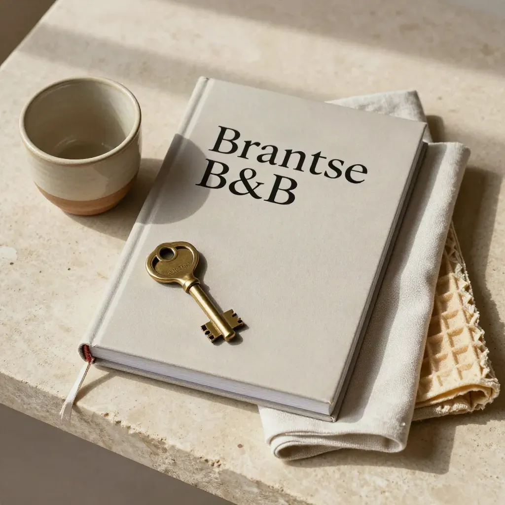 Bovenaanzicht van een Brabantse B&B-gids met sleutel, servet, beker en opgevouwen handdoek