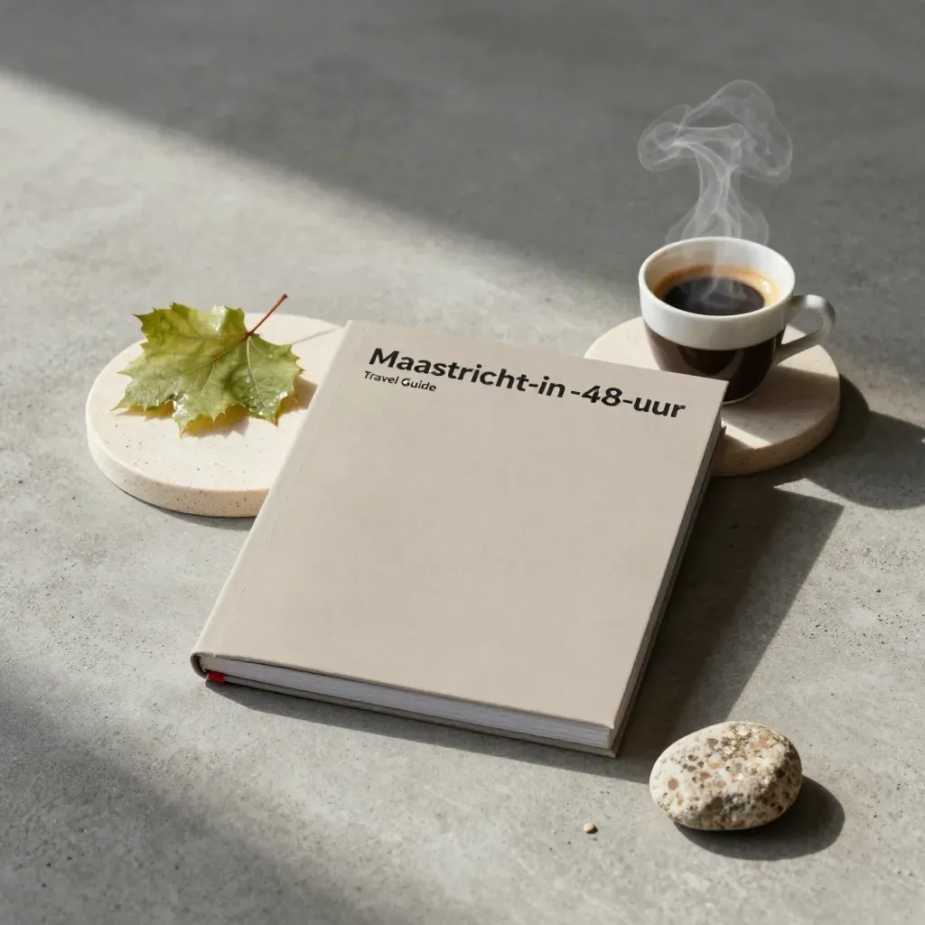 Bovenaanzicht van een Maastricht-gids met espressokop, kalksteen, druivenblad en cobblestone.