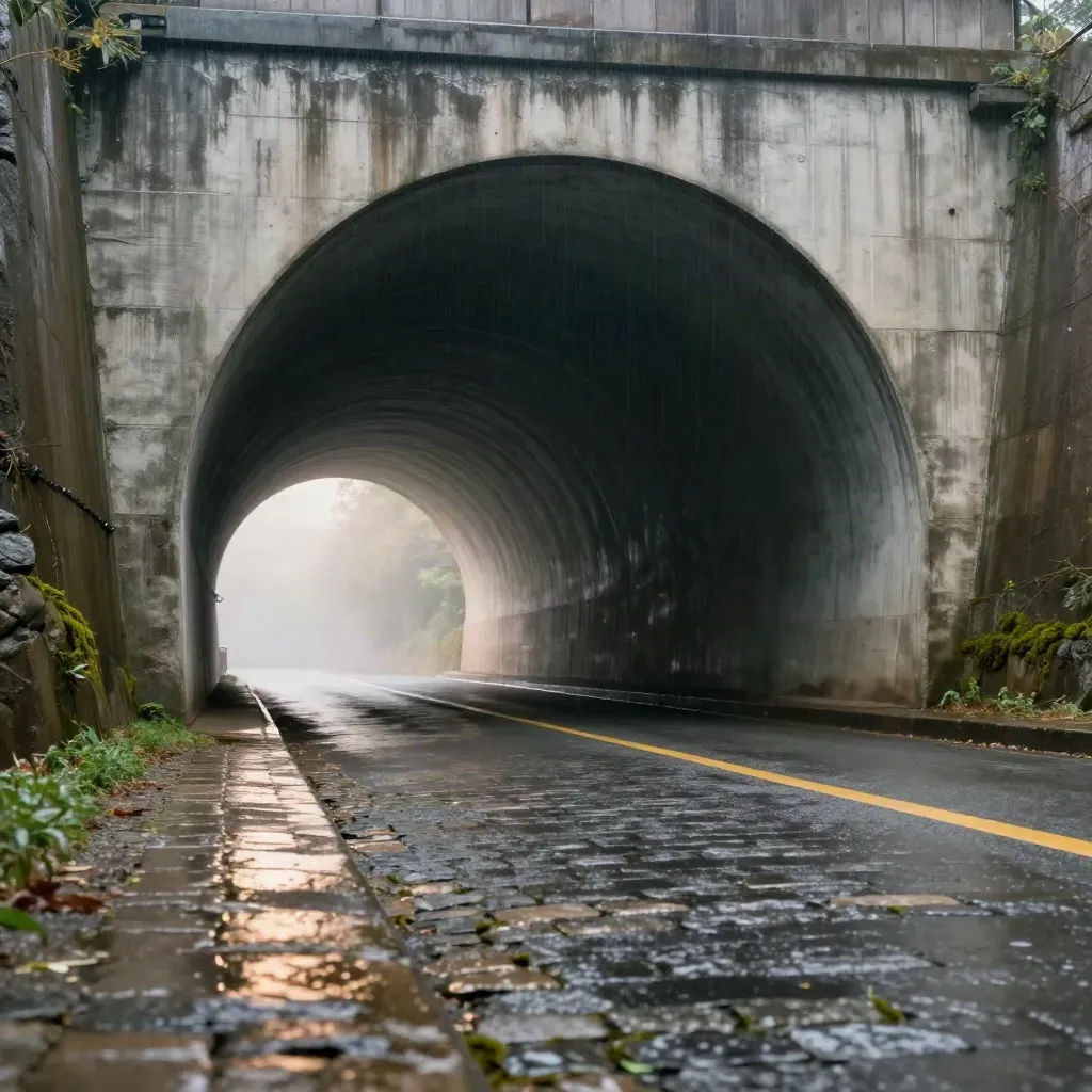Betonnen brugtunnel na regen met natte klinkers en mistig licht in de verte.