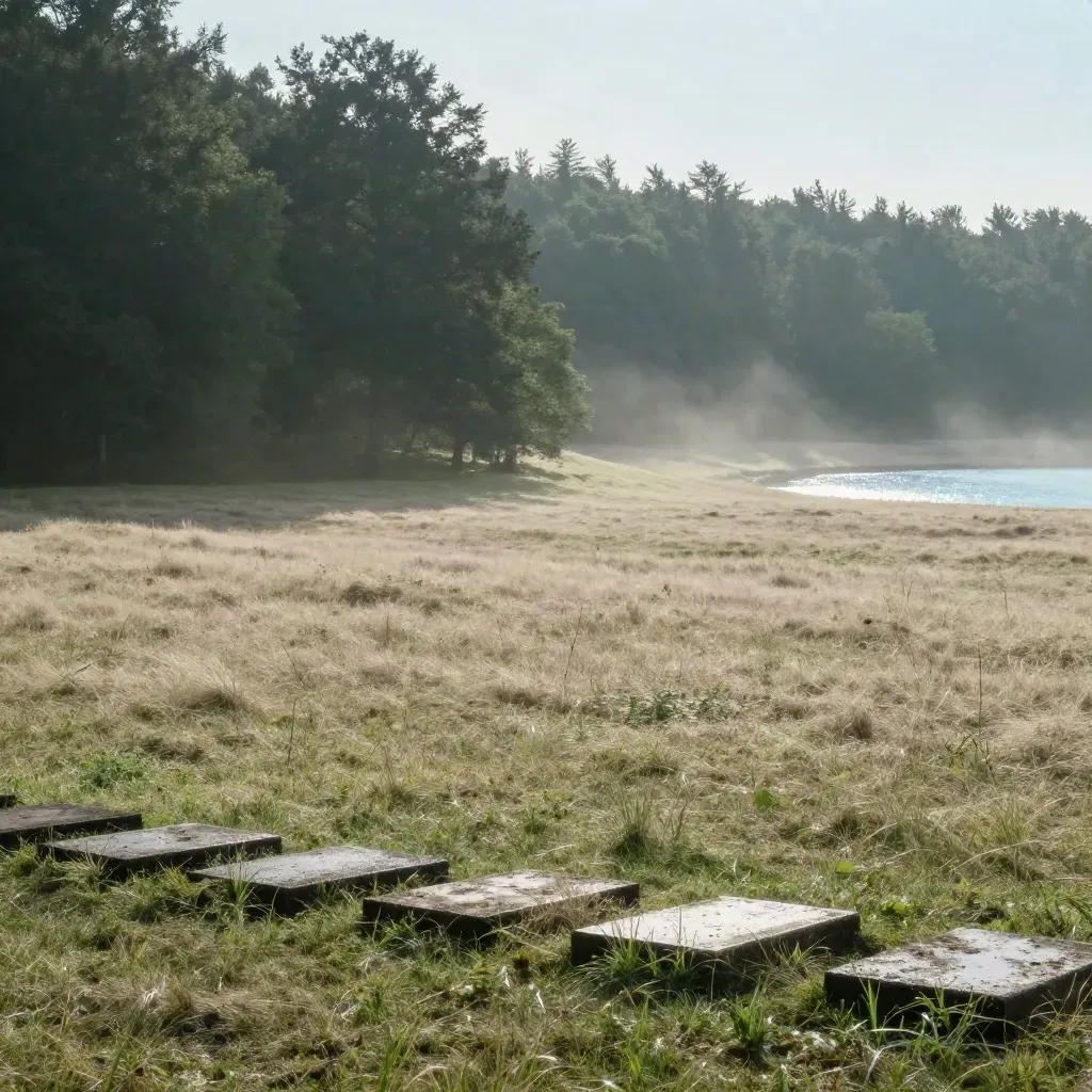 Bosrand met open veld, nat gras, stepping stones en een glinsterende waterplas na een bui.