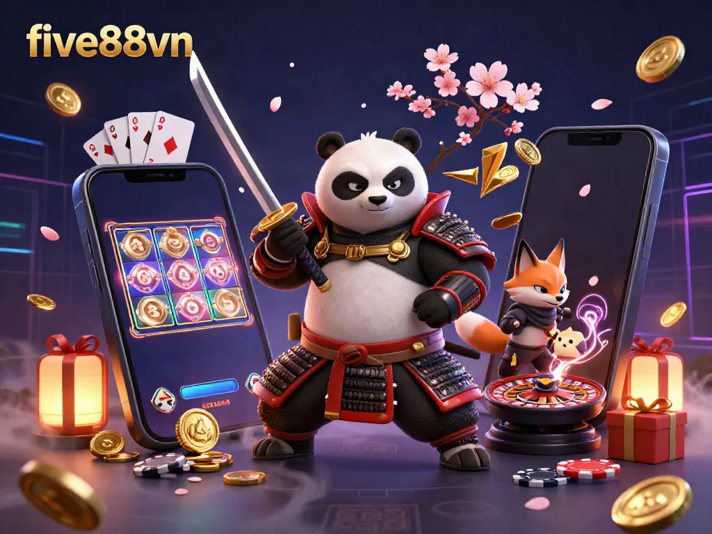 Engage with five88vn through an illustration of a samurai panda and ninja fox in a vibrant online casino setting.