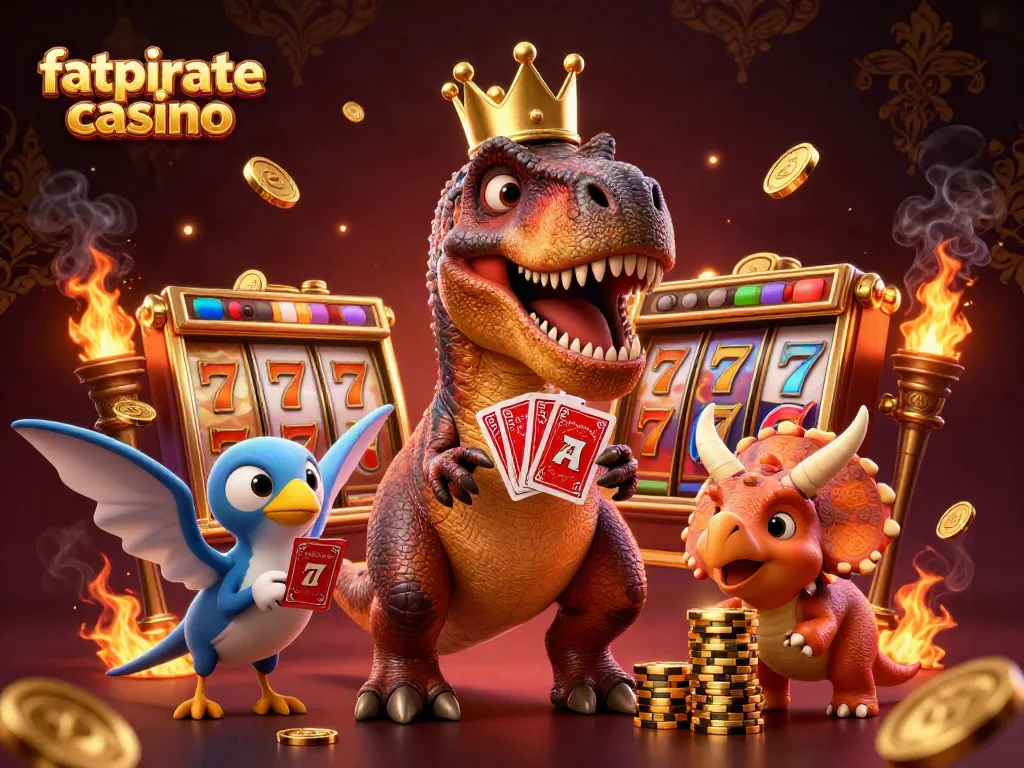 Engaging illustration of fatpirate casino with a dinosaur character playing cards, highlighting casino excitement.