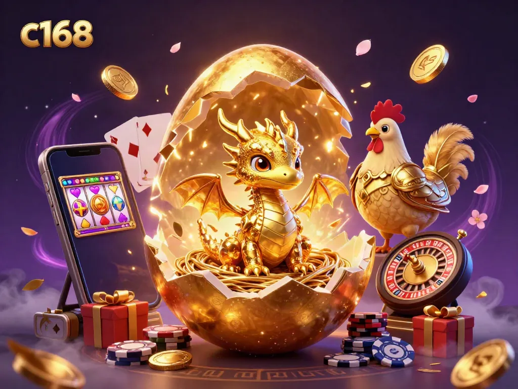 Spin the reels with c168's vibrant golden dragon, symbols, and exciting casino elements.