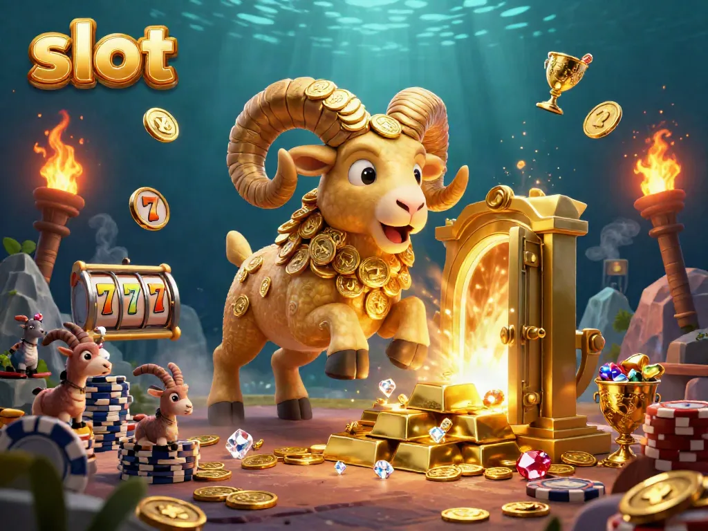 Experience thrilling slot jackpots in this vibrant 3D casino scene with golden treasures and animated characters.