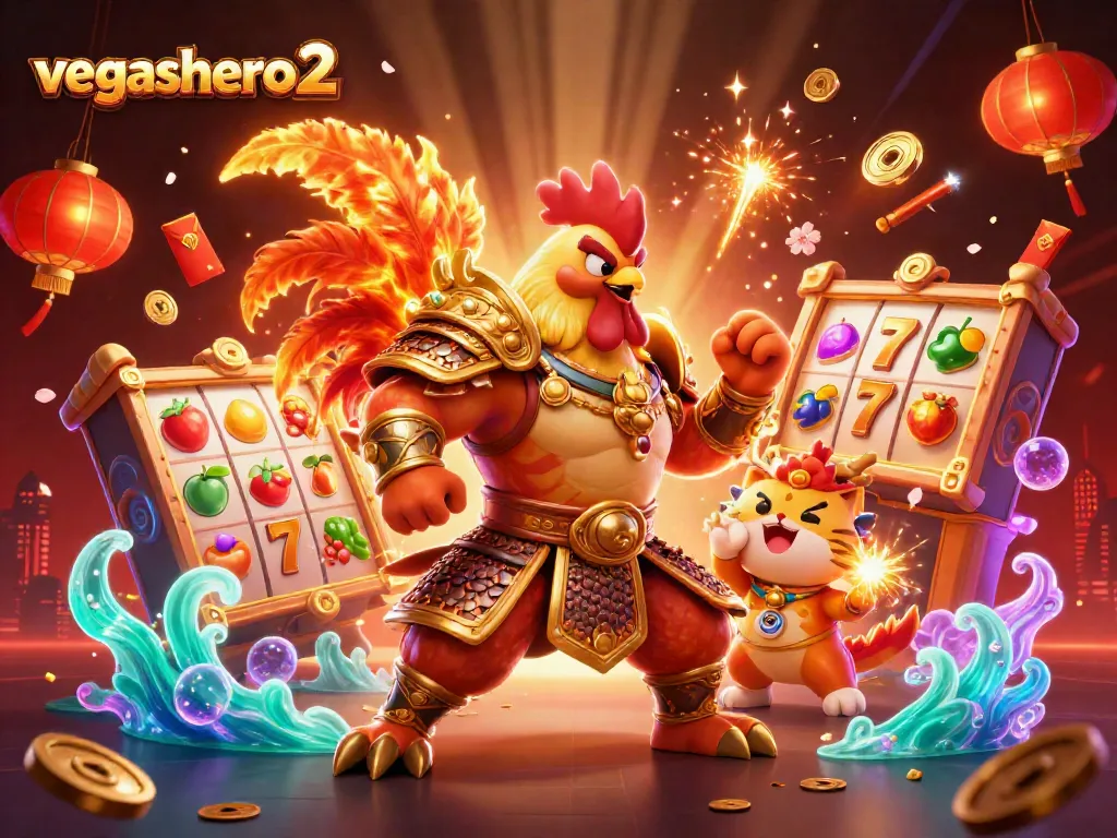 Spin lucky slot reels with vegashero 2's vibrant characters in a dynamic casino scene.