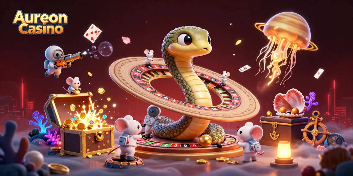 Aureon Casino features a dynamic illustration of a cosmic casino scene with betting mice and a golden jellyfish dealer.