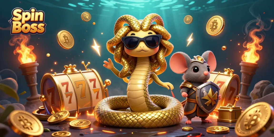 Spin Boss characters engage with golden slot reels and cryptocurrencies, enhancing the gaming experience.