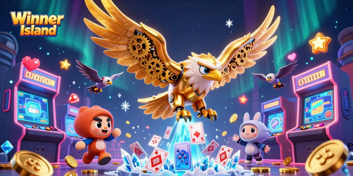 Experience casino excitement with Winner Island's vibrant 3D eagle diving through holographic cards.